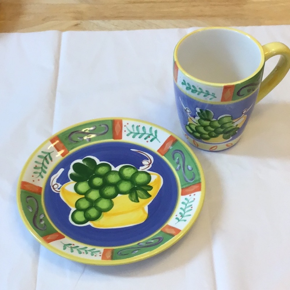 Capri Hand Painted 8” dessert/snack plate large mug, set
